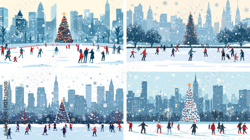 Winter city park landscape cartoon vector scenes. Man woman kids people crowd glide together big ice recreation area, xmas christmas snowy family vacations cityscape illustrations