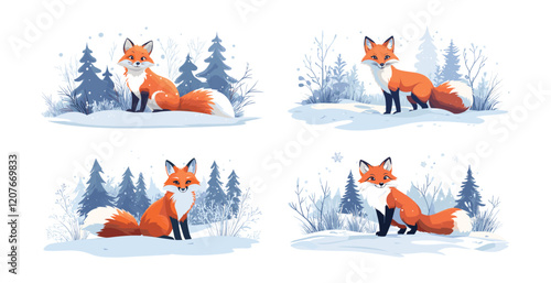 Winter fox cartoon vector scenes. snow forest orange sitting tail fluffy animal wild tricky hunter tracker, frosty cold snowfall landscape isolated illustration on white background