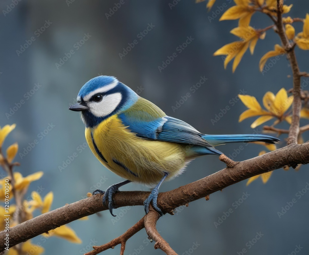 Fototapeta premium Blue tit perched on a branch with a few leaves and twigs, wildlife art, blue tit, branch