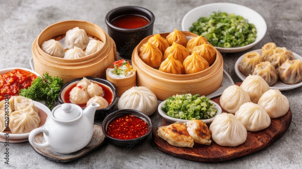 A delicious assortment of dumplings, garnished with fresh herbs and accompanied by various dipping sauces. Perfect for sharing. A delicious assortment of dumplings, garnished with fresh herbs and accompanied by various dipping sauces. Perfect for sharing.