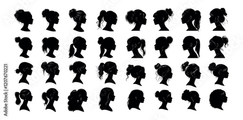 Woman heads profile black ink sketch silhouettes. Female hairstyles pixie cut bob long waves lob layered ponytail braids buns profiles faces portraits avatars isolated set