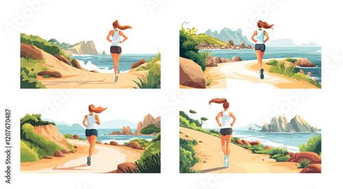 Wallpaper Mural Woman running cartoon vector scenes. Jogging female back view workout sport character girl marathon road sea ocean shore mountains coast landscape isolated illustrations Torontodigital.ca