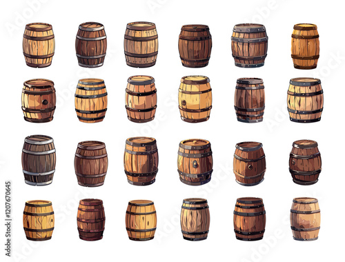 Wooden barrels cartoon vector set. Wine whiskey beer oak timber old vessels storage ancient containers winery brewery stuff, isolated illustration on white background