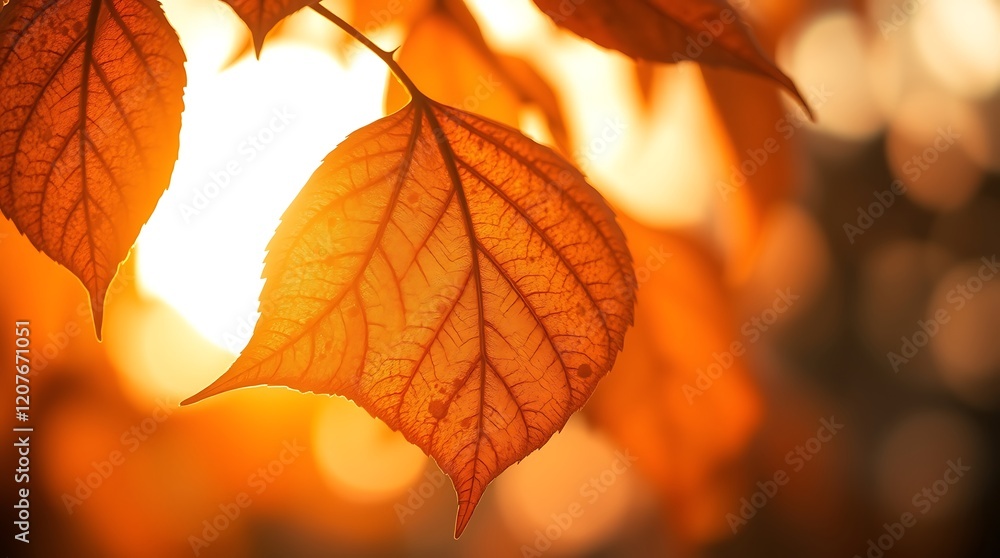 Backlit autumn leaves glowing in sunset. Backlit autumn leaves glowing in sunset.