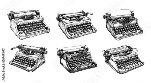 Writer typewriter engraving vector set. writing retro secretary poets journalists device, mechanical typer printing text machine script literature, hand drawn vintage isolated vectors