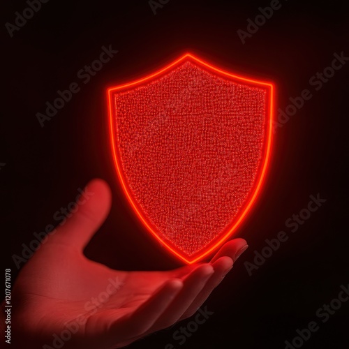 A glowing red shield symbol held in a hand, representing protection and security in the digital age. photo