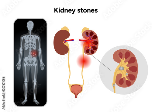Human urine pain, diagnosis ureter, kidney stones in x ray. Urologist medical disease 