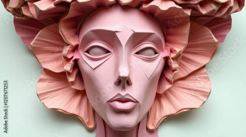 Intricate paper sculpture of a face adorned with delicate, layered flower-like forms.  A study in texture and form.