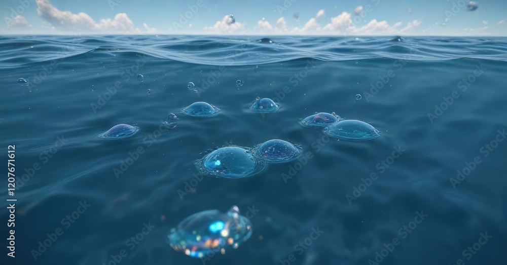 Bubbles floating on a calm blue ocean surface, calm waters, serenity Bubbles floating on a calm blue ocean surface, calm waters, serenity