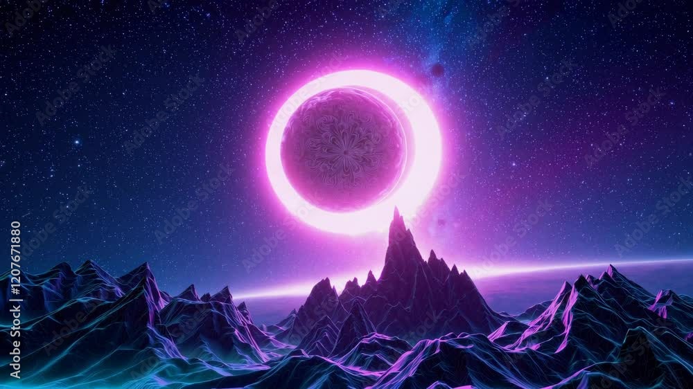 Surreal mountain landscape with pink eclipse and starry sky, futuristic cosmic scenery concept