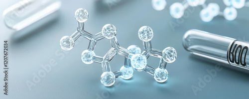 Crystal like molecular structures with test tubes in background , volatile organic compounds photo