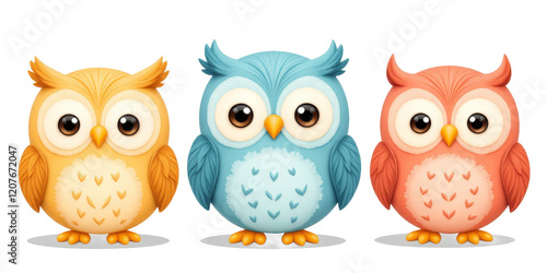 Three colorful cartoon owls on transparent background
