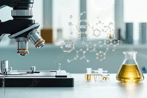 Microscope view of VOC molecules and organic compounds in lab, volatile organic compounds