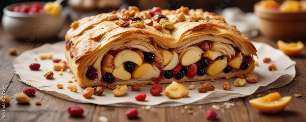 Naklejka premium Baked strudel with a thick layer of fruit and nuts, nut topping, golden brown