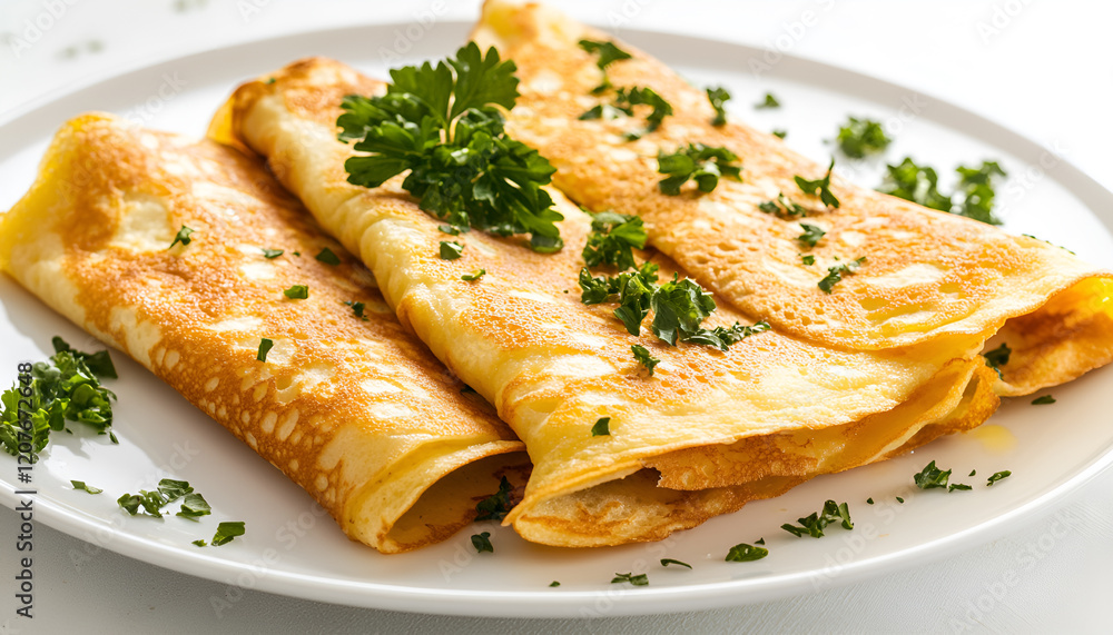 Crepes with Lemon and Honey on white background, top view. Homemade thin crepes on plate for breakfast or dessert Crepes with Lemon and Honey on white background, top view. Homemade thin crepes on plate for breakfast or dessert