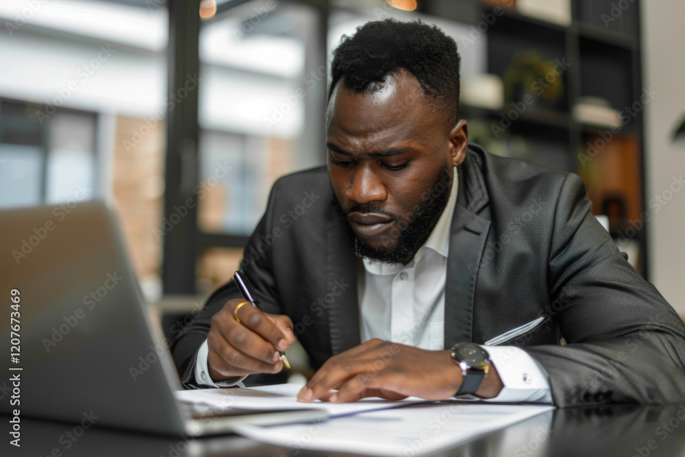 Focused businessman analyzing documents at his desk. Focused businessman analyzing documents at his desk.