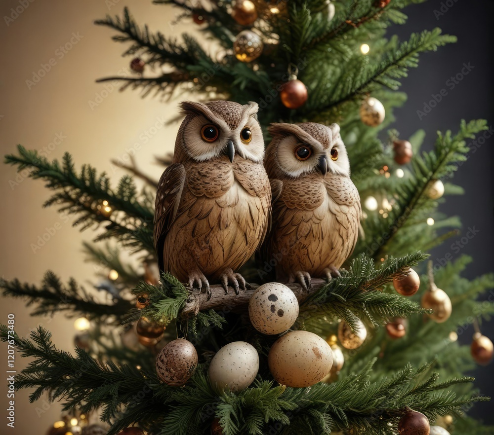 Obraz premium Christmas tree decorated with owl eggs and twigs, forest elements, winter wonderland