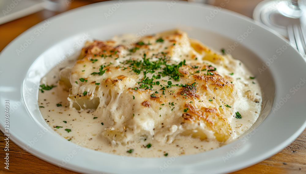 Potato gratin (casserole) with cream, cheese and parsley on white plate Potato gratin (casserole) with cream, cheese and parsley on white plate