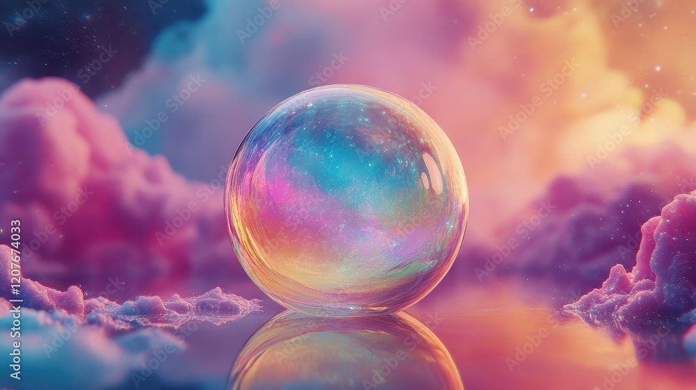 A single iridescent soap bubble on a colorful background A single iridescent soap bubble on a colorful background