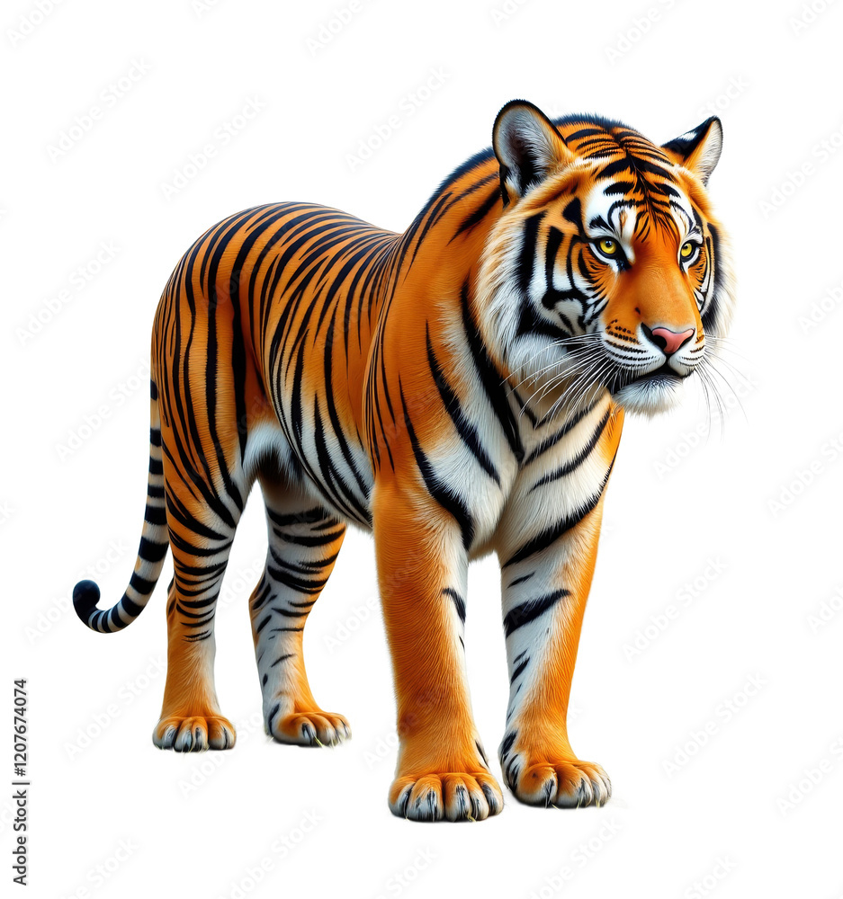 Tiger standing with black stripes and tail on transparent background Tiger standing with black stripes and tail on transparent background