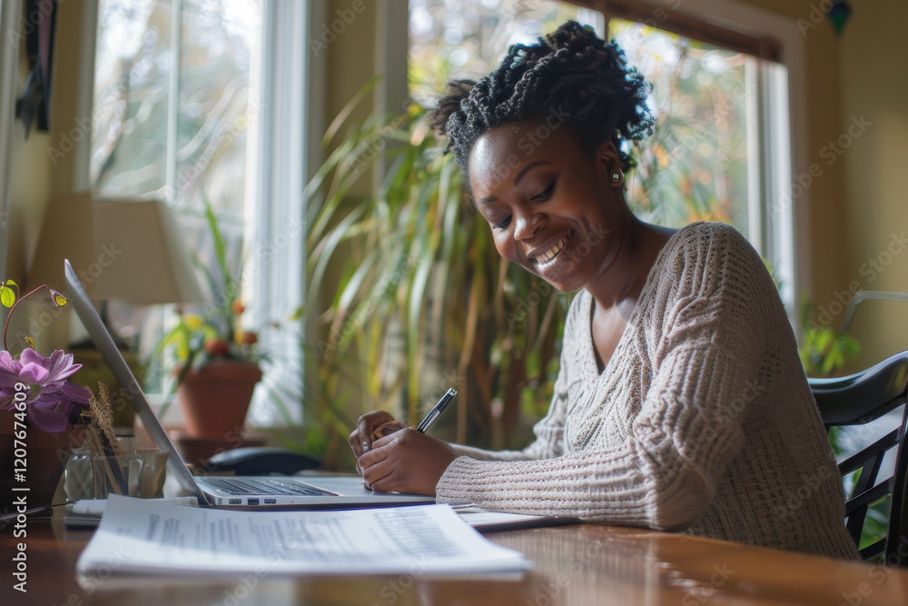 Joyful woman writing in a notebook in a sunny, stylish room.