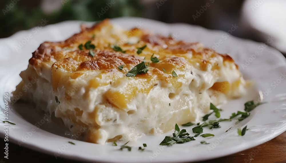 Potato gratin (casserole) with cream, cheese and parsley on white plate Potato gratin (casserole) with cream, cheese and parsley on white plate