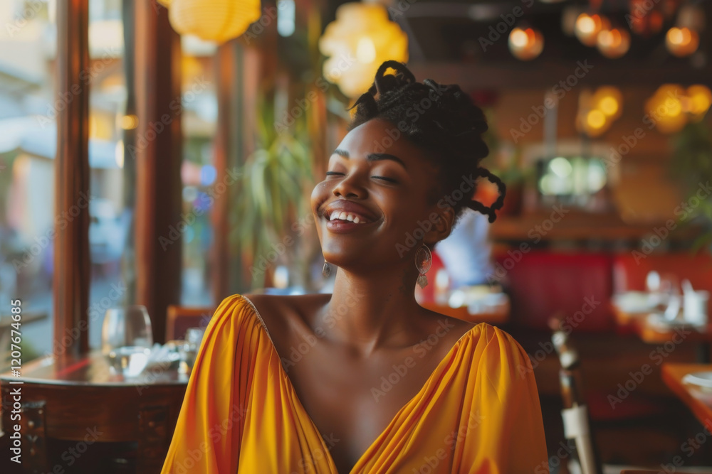 Fototapeta premium Content woman relaxing in a cafe with warm ambient lighting.