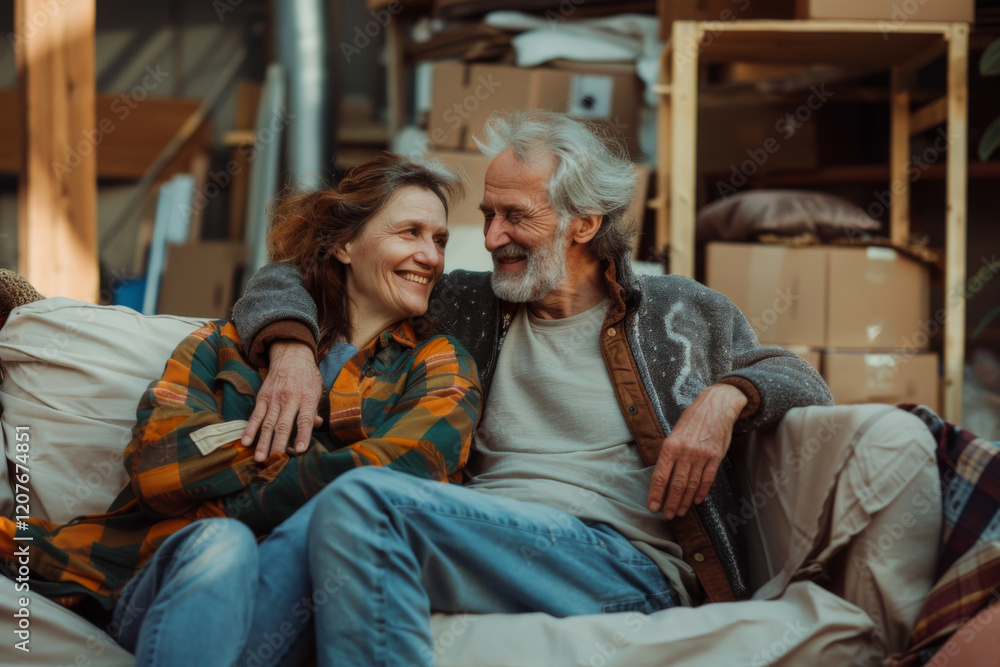 Elderly couple smiling and embracing among moving boxes. Elderly couple smiling and embracing among moving boxes.