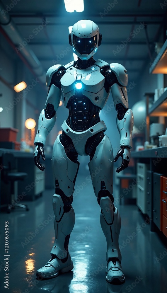 Futuristic humanoid robot standing in a high-tech laboratory setting. Futuristic humanoid robot standing in a high-tech laboratory setting.