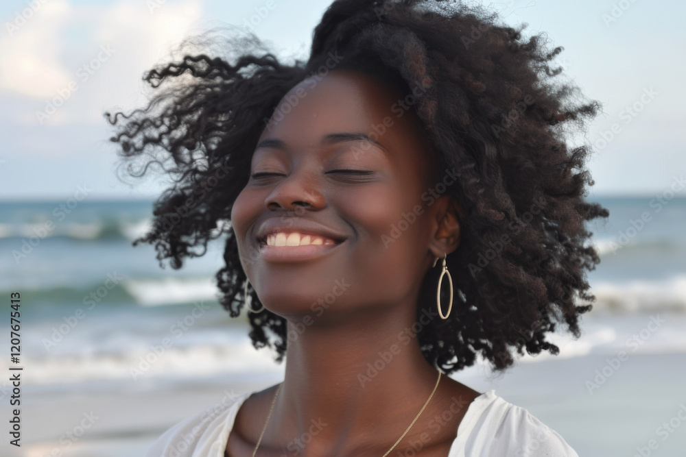 Woman with eyes closed and a peaceful smile, soaking up the sun on the beach. Woman with eyes closed and a peaceful smile, soaking up the sun on the beach.