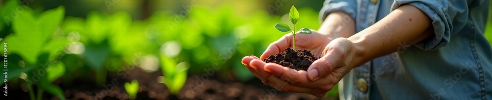 Hand holding healthy soil with a young sprout, symbolizing growth and sustainability. Hand holding healthy soil with a young sprout, symbolizing growth and sustainability.
