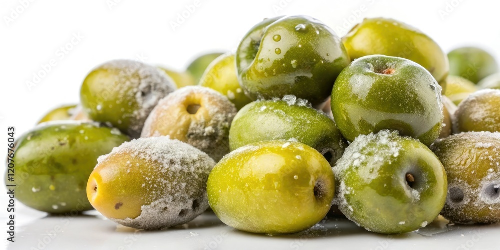 Obraz premium Close-up of olive fruit with a cluster of slimy green mold growing on it on a white background, fruit, nature, fungus