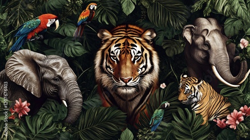 Wildlife Serenity: Lush Jungle Scene with Tigers, Elephants, and Parrots. World Wildlife Day