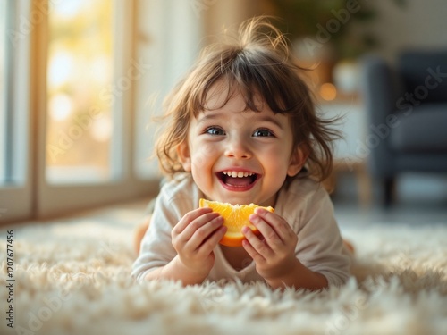Happy Child Enjoying Fresh Orange Slice on Cozy Living Room Carpet