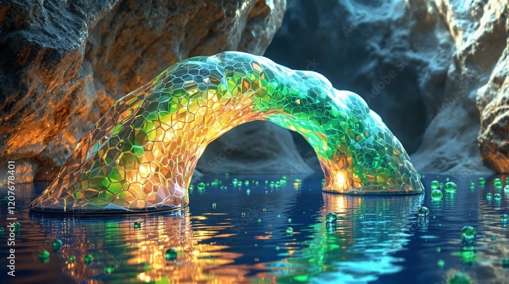 Glowing crystalline arch over a serene water surface in a mystical cave, creating a magical and ethereal atmosphere Glowing crystalline arch over a serene water surface in a mystical cave, creating a magical and ethereal atmosphere
