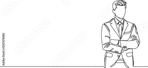 continuous single line drawing of businessman standing with arms crossed, line art vector illustration