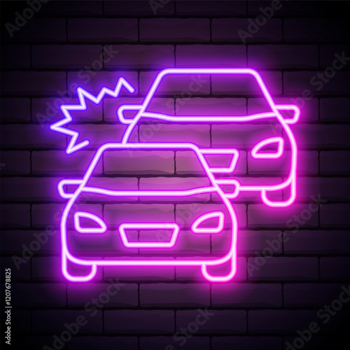 Glowing neon line Car accident icon isolated on brick wall background. Auto accident involving two cars. Vector