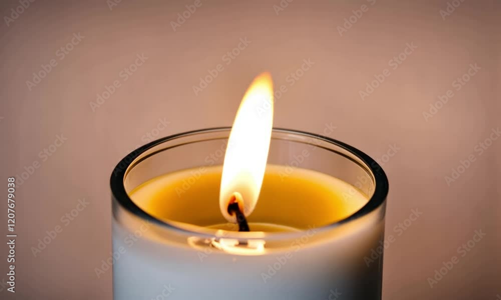 Close-up of a single burning candle in a glass container against a muted background. Close-up of a single burning candle in a glass container against a muted background.