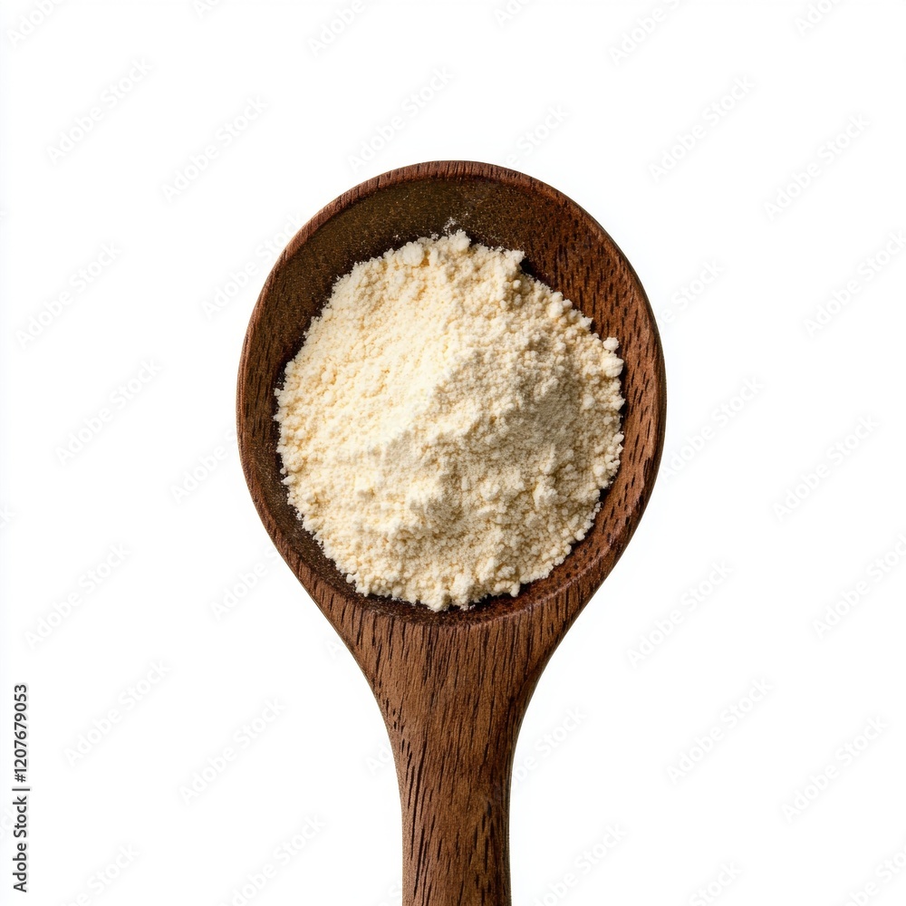 A spoonful of white powder is shown on a white background A spoonful of white powder is shown on a white background