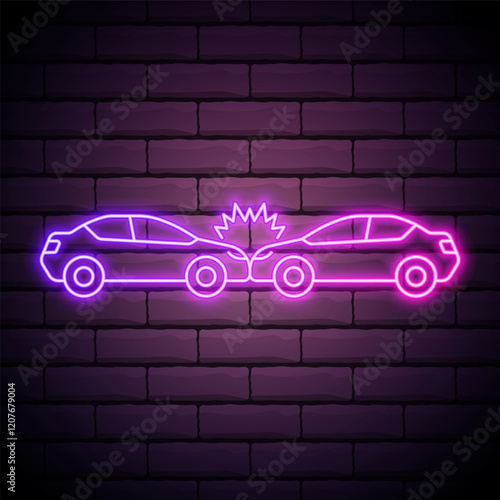 Glowing neon line Car accident icon isolated on brick wall background. Auto accident involving two cars. Vector