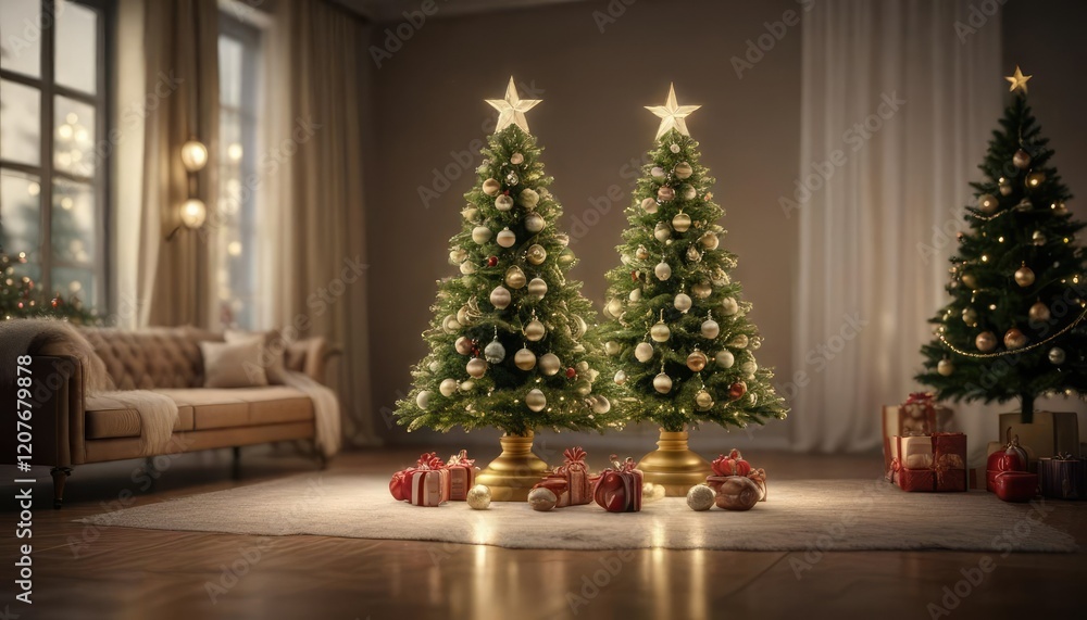 An elegant Christmas tree adorned with glittering star-shaped ornaments , glittering decorations, tree lighting An elegant Christmas tree adorned with glittering star-shaped ornaments , glittering decorations, tree lighting