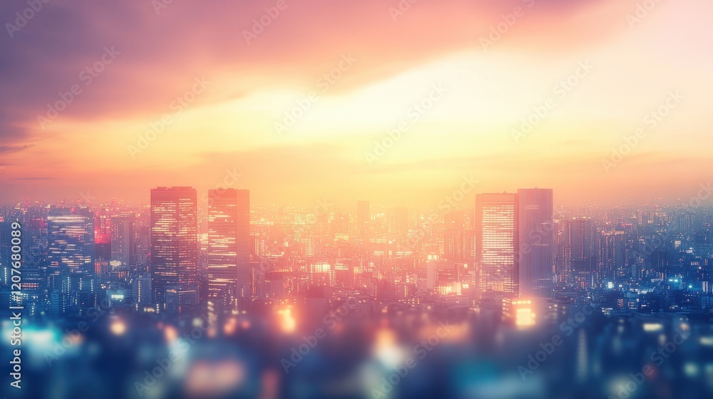 Fototapeta premium Modern urban skyline at dusk, panoramic view, blurred lower third for text