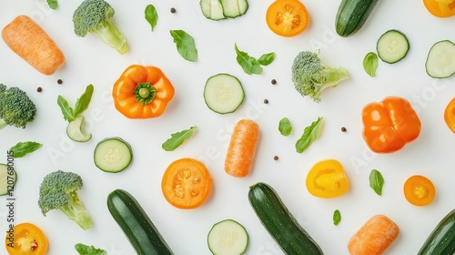 A variety of vegetables: tomatoes, carrots, cucumbers, broccoli, and bell peppers, isolated on white background