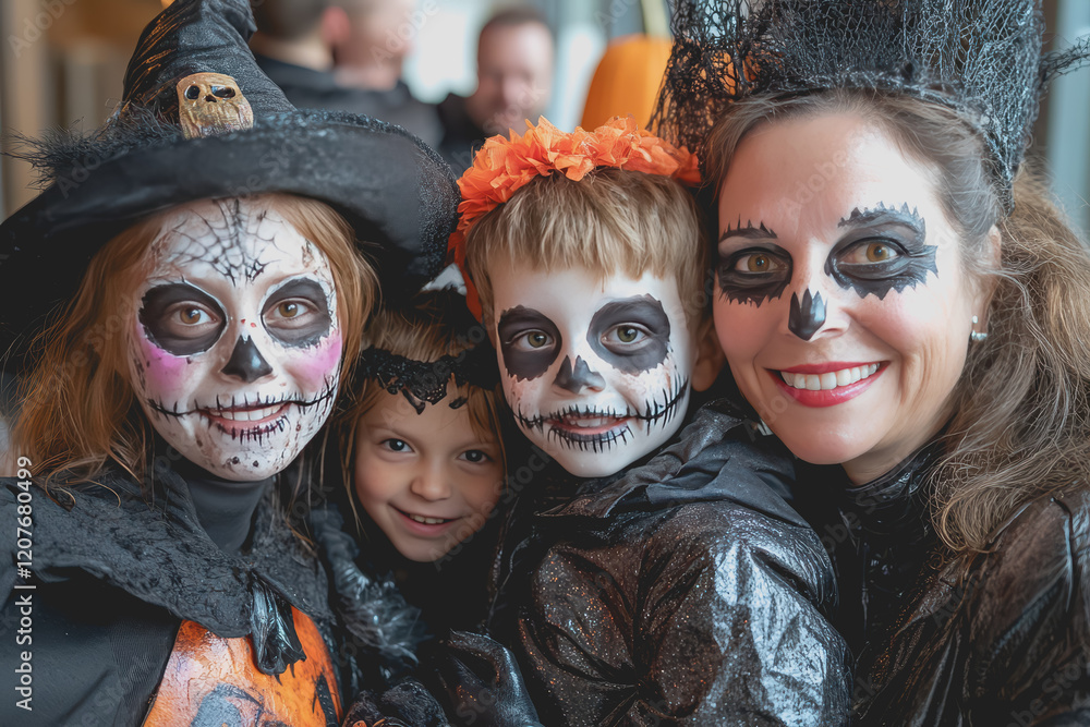 A family of parents and children dressed in costumes and makeup to celebrate Halloween. A family of parents and children dressed in costumes and makeup to celebrate Halloween.