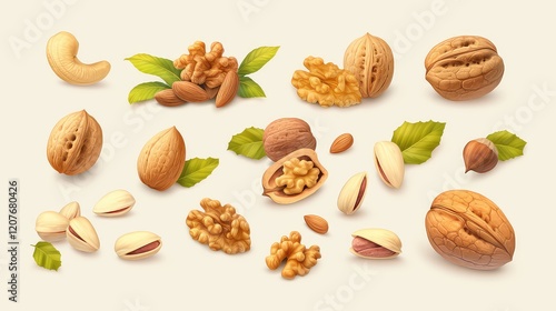 A variety of nuts like almonds, cashews, and walnuts, isolated on a white background 