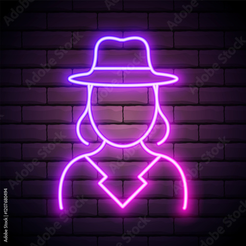 Glowing neon Orthodox jewish hat with sidelocks icon isolated on brick background. Jewish men in the traditional clothing. Judaism symbols. Vector