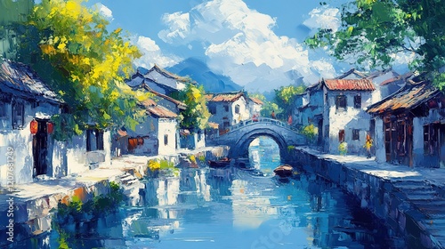 oil painting illustration, beautiul cute ancident Chinese town with river and mountainscape  photo