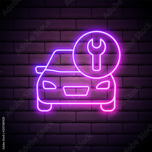 Car repair neon light sign vector. Car repair and wrench icon isolated on brick wall background