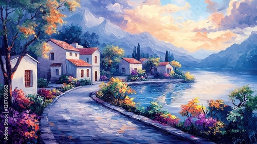 Fototapeta Naklejka Na Ścianę i Meble -  oil painting illustration, beautiful small Italian town with flower blossom spring season