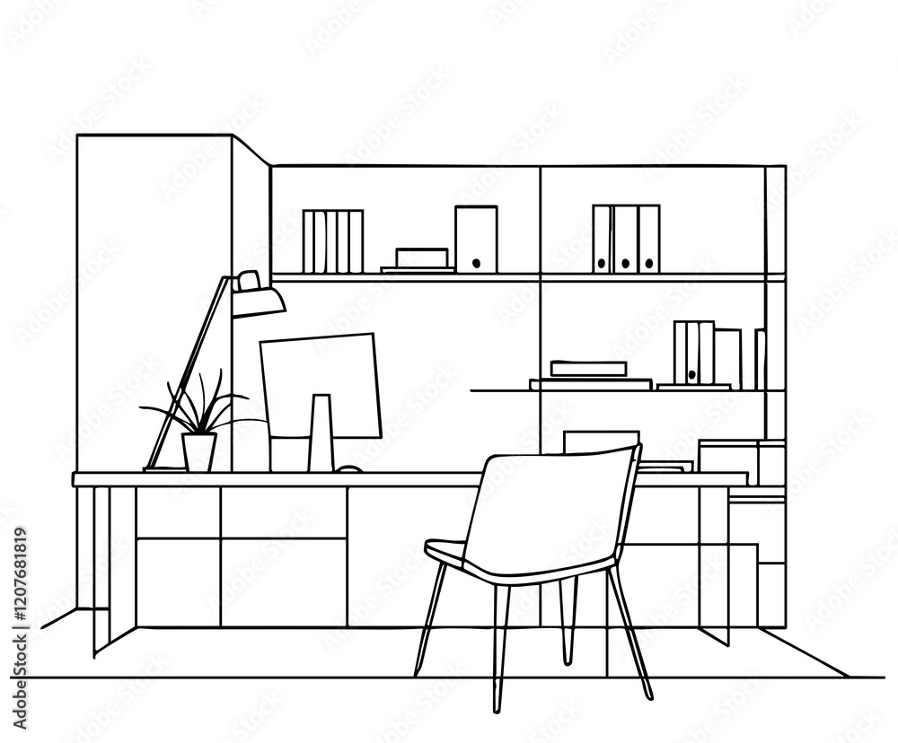 Workplaces interior sketch. Tables, chairs and windows Workplaces interior sketch. Tables, chairs and windows